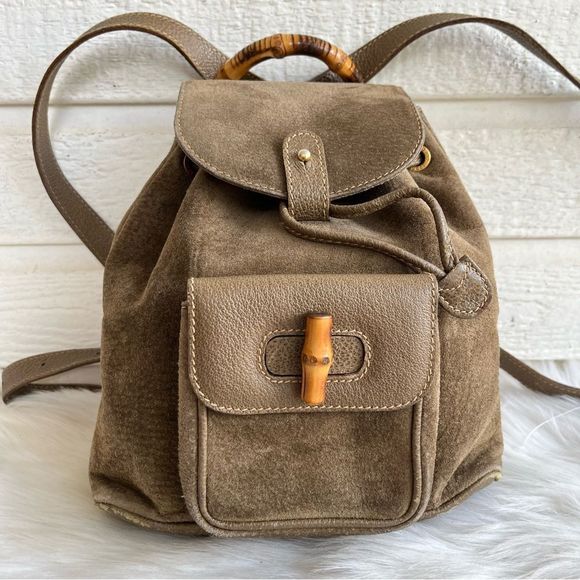 Gucci Handbags - GUCCI Vintage Olive Drawstring Bamboo Backpack Shoulder Bag Tote